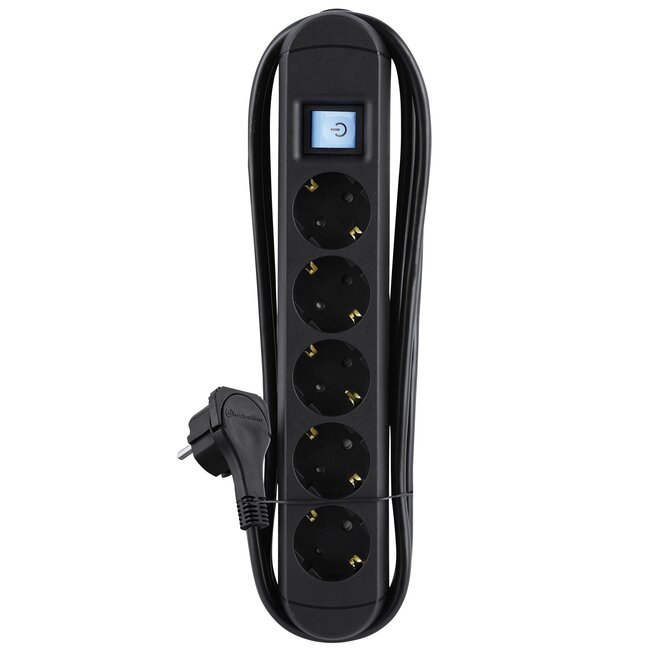 Stekkerdoos met 5 contacten, schakelaar en magneetbevestiging / zwart - 2 meter