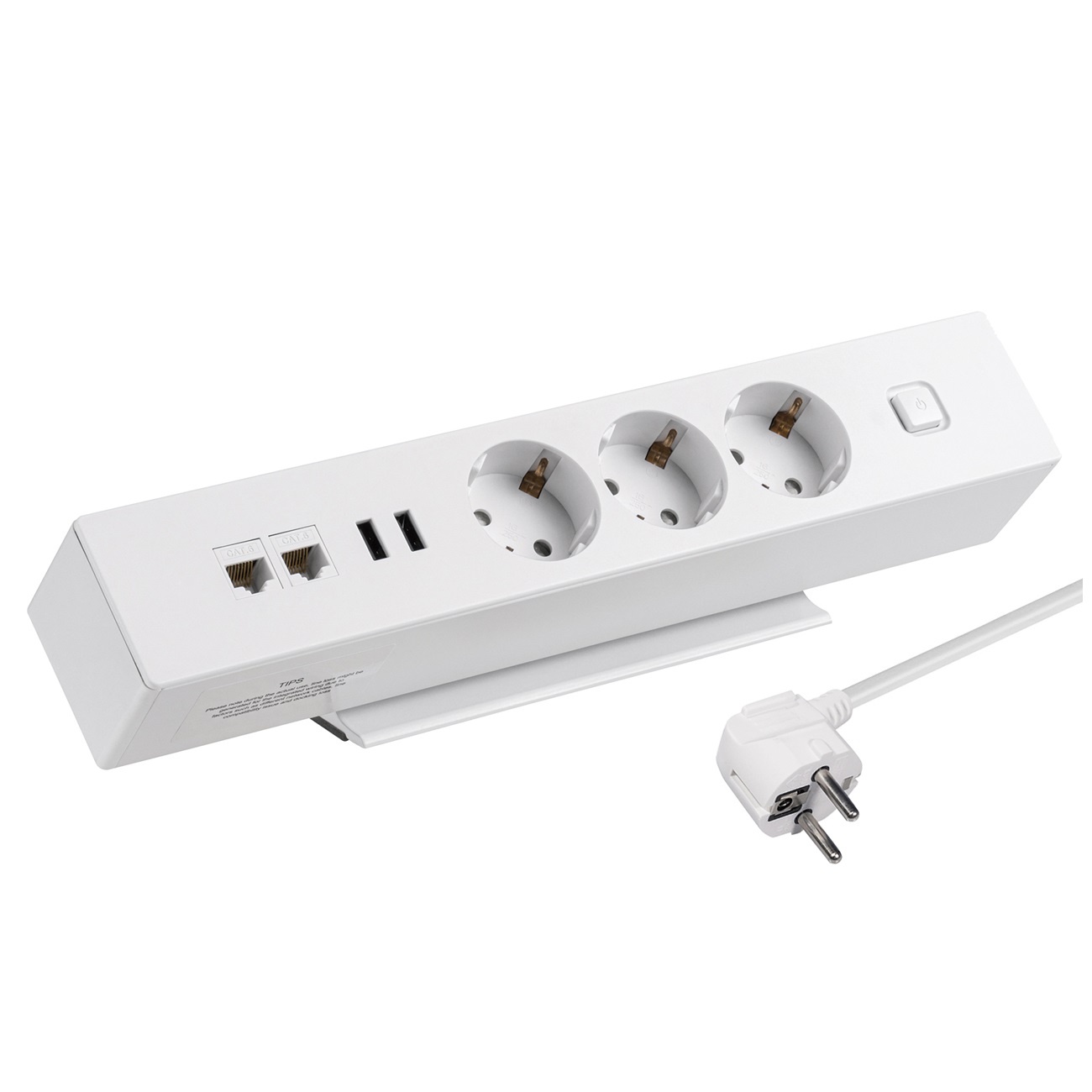 3-voudige Bureaustekkerdoos - 2x USB-A Oplaadpoort - 2x RJ45 (v) - Met Plakstrip - 1,8 meter - Wit