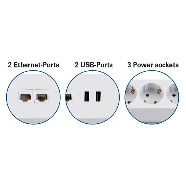 MaxTrack stekkerdoos met 3 contacten, 2x USB en 2x RJ45 - voor op bureau / wit - 1,8 meter