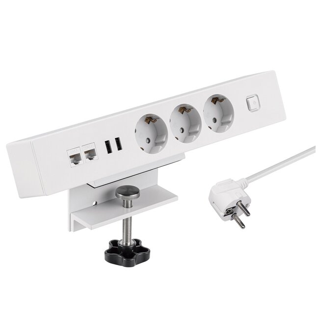 MaxTrack stekkerdoos met 3 contacten, 2x USB en 2x RJ45 - voor aan bureau / wit - 1,8 meter