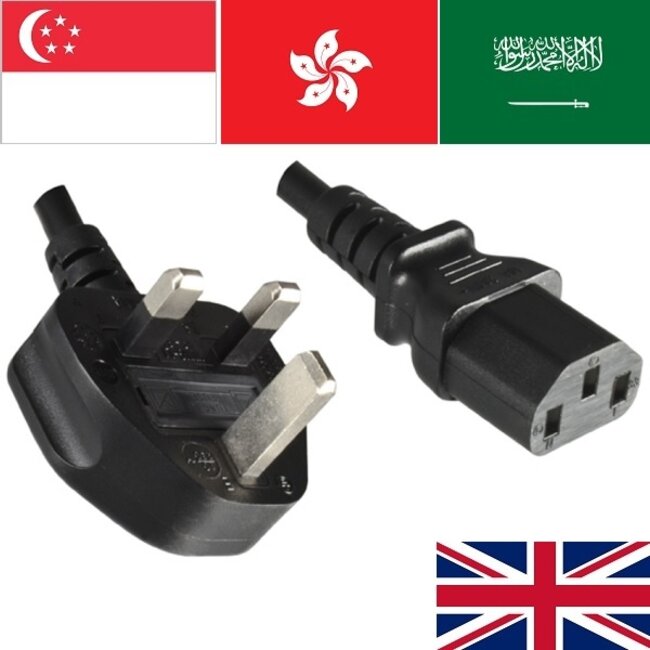 C13 (recht) - Type G / Groot-Brittannië/Azië (haaks) stroomkabel - 3x 1,00mm - max. 10A - Europa & Azië / zwart - 5 meter