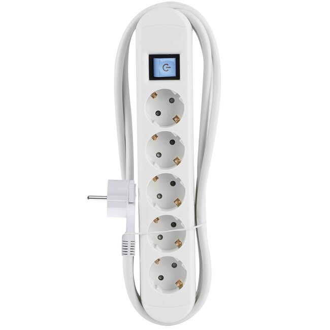 Stekkerdoos met 5 contacten, schakelaar en magneetbevestiging / wit - 3 meter
