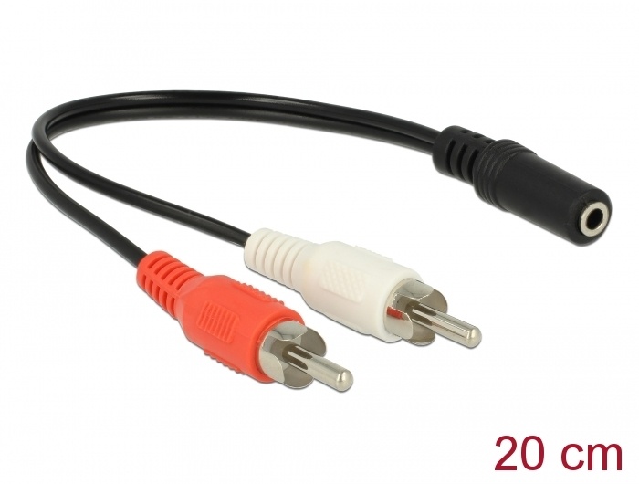 DeLOCK 85806. Aansluiting 1: 2 x RCA, Aansluiting 1 type: Mannelijk, Aansluiting 2: 3.5mm, Aansluiting 2 type: Vrouwelijk, AWG draad omvang: 29, Snoerlengte: 0,2 m, Kleur van het p