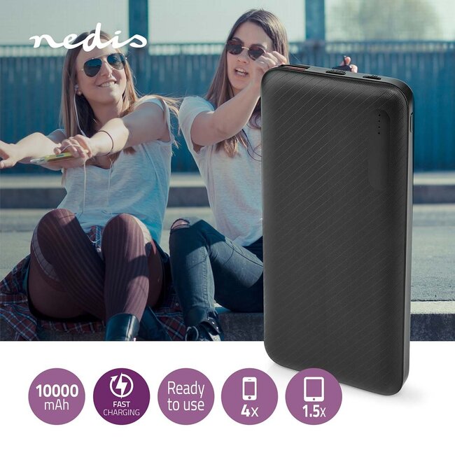 Nedis Powerbank Fast Charge met 1x USB-A en 1x USB-C (max. 3A) - 10.000 mAh / zwart