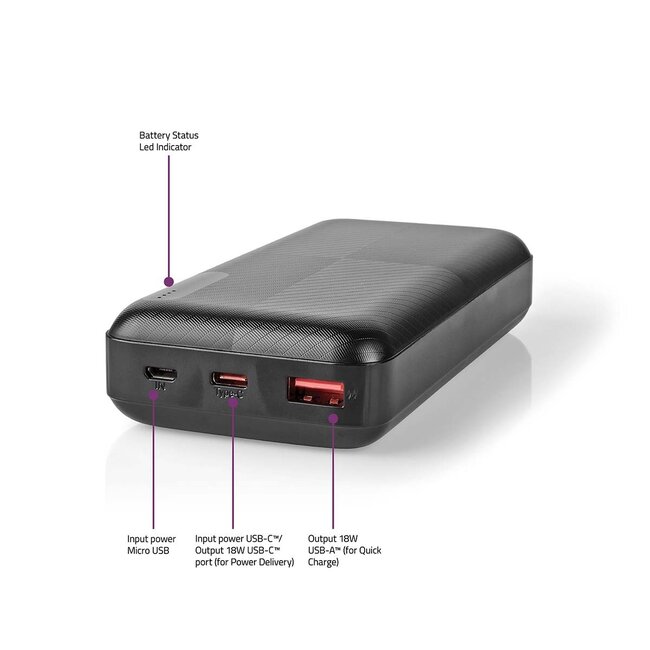 Nedis Powerbank Fast Charge met 1x USB-A en 1x USB-C (max. 3A) - 20.000 mAh / zwart
