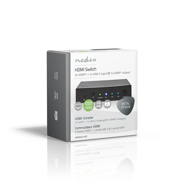 Nedis 2x HDMI + 1x USB-C naar 1x HDMI schakelaar met afstandsbediening - HDMI2.0 (4K 60Hz + HDR) / zwart
