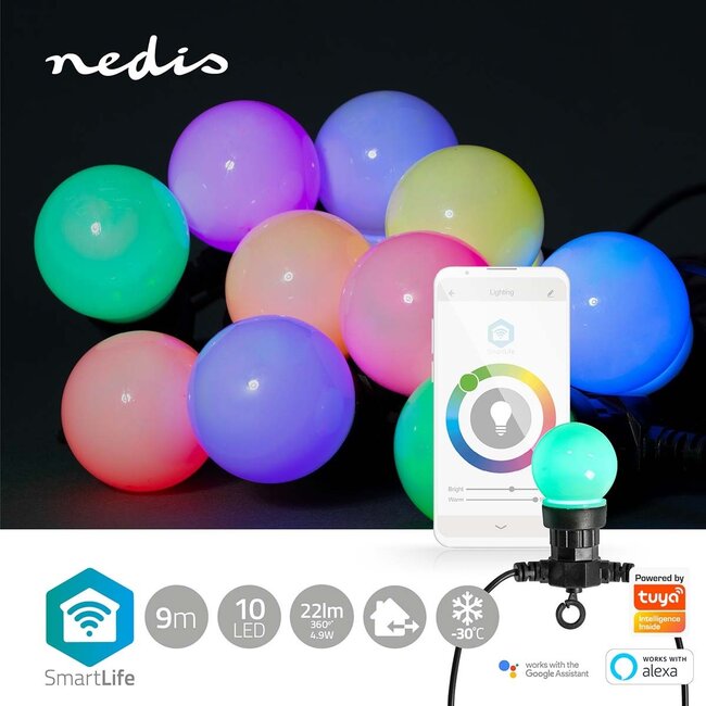 Nedis SmartLife Wi-Fi decoratieve LED-feestverlichting (grote bollen) - 9m - 10 LED's / full-color