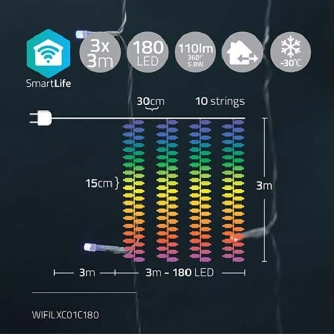 Nedis SmartLife Wi-Fi decoratief LED-lichtgordijn - 10x 3m - 180 LED's / full-color