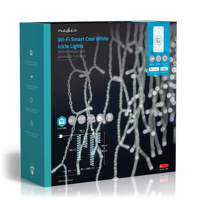 Nedis SmartLife Wi-Fi decoratief LED-ijspegelgordijn - 80x 0,4m/0,6m - 400 LED's / koud-wit