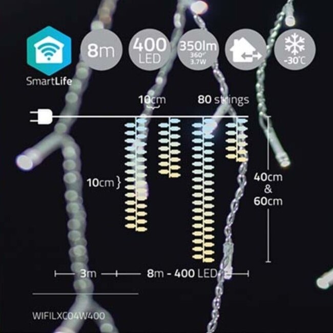 Nedis SmartLife Wi-Fi decoratief LED-ijspegelgordijn - 80x 0,4m/0,6m - 400 LED's / warm-wit tot koud-wit