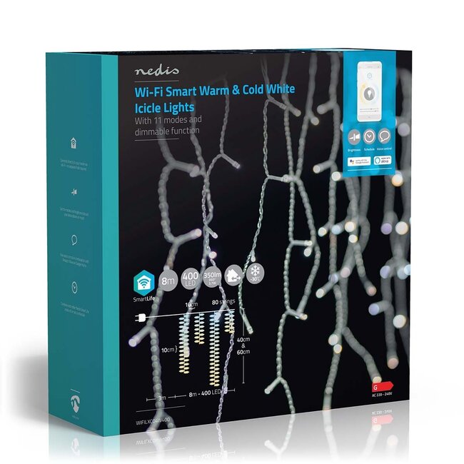 Nedis SmartLife Wi-Fi decoratief LED-ijspegelgordijn - 80x 0,4m/0,6m - 400 LED's / warm-wit tot koud-wit