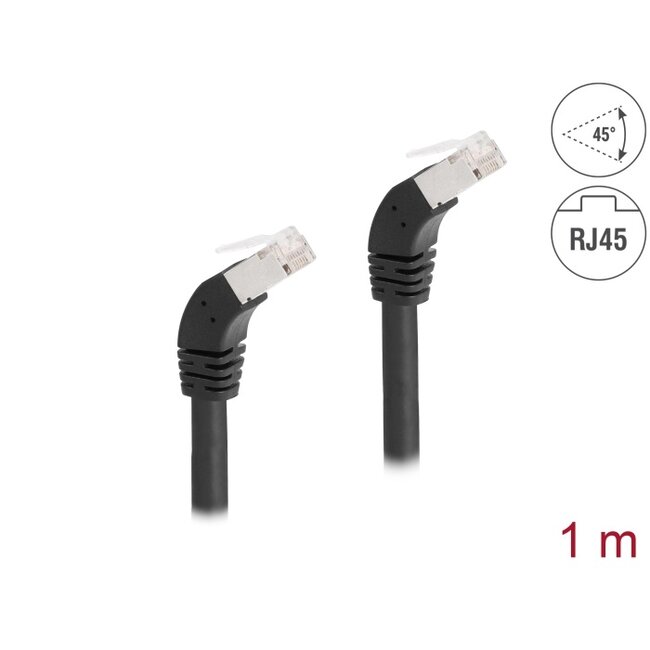Delock RJ45 Network Cable Cat.6A S/FTP 45° downwards angled 1 m black
