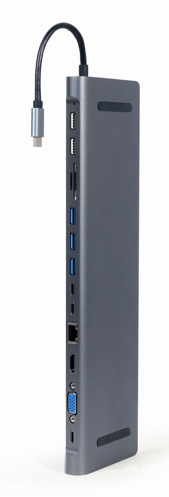 Gembird A-CM-COMBO9-01. Hostinterface: USB 3.2 Gen 1 (3.1 Gen 1) Type-C, Hub-interfaces: 3.5mm, HDMI, RJ-45, USB 2.0, USB 3.2 Gen 1 (3.1 Gen 1) Type-A, USB Type-C, VGA, Compatibele
