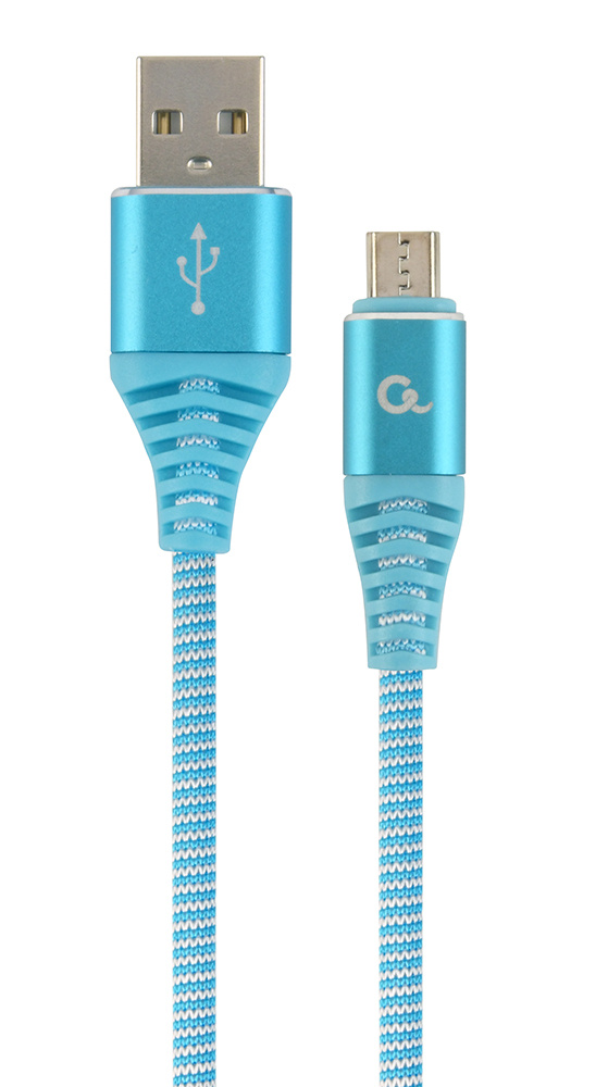 Premium micro-USB laad- & datakabel 'katoen', 1 m, turquoise/wit