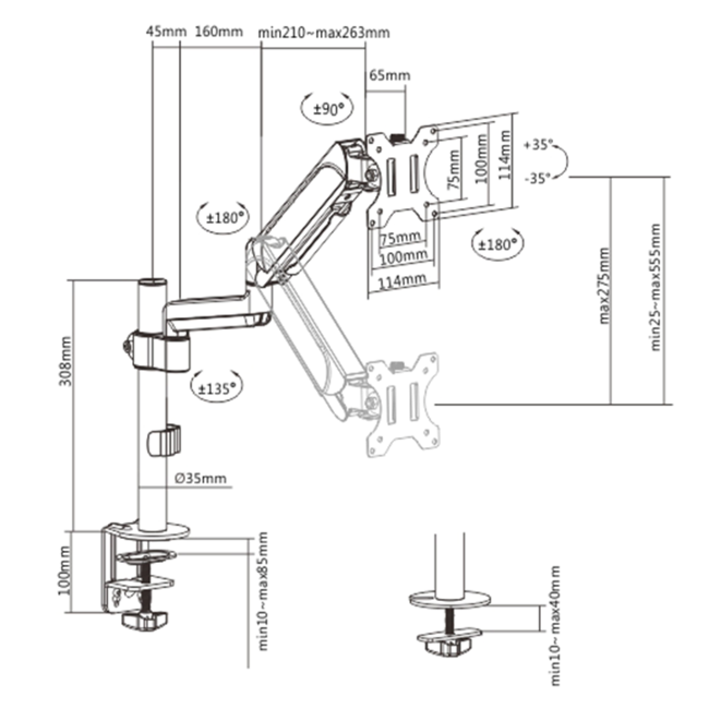Monitorarm met gasveer (zwenkbaar), 17”-32” / 9 kg