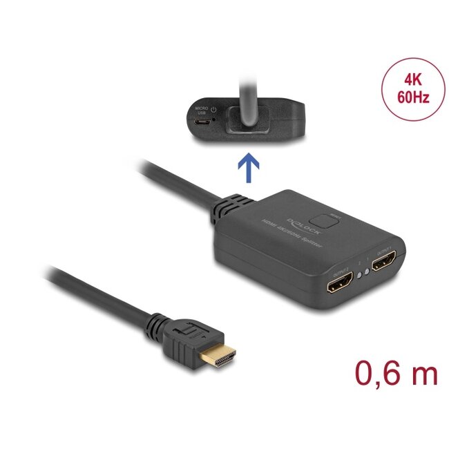 Delock HDMI Splitter 1 x HDMI in to 2 x HDMI out 4K 60 Hz with downscaler