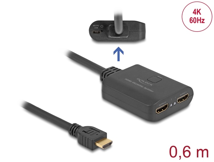 Delock HDMI Splitter 1 x HDMI in to 2 x HDMI out 4K 60 Hz with downscaler |