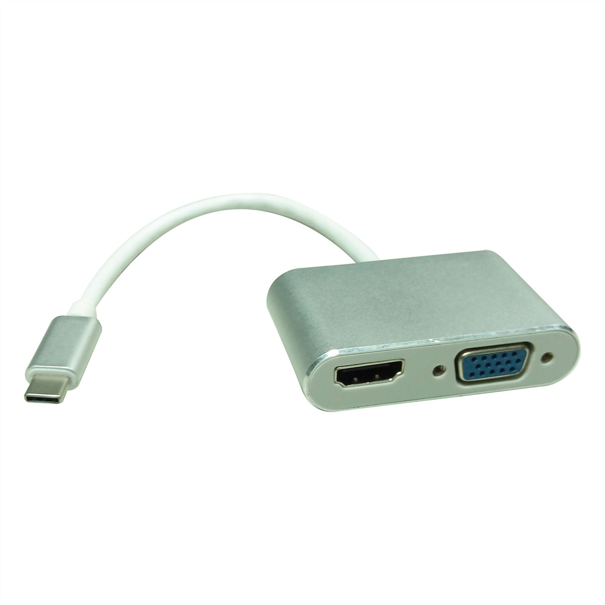 Roline ROLINE 12.03.3215. Hostinterface: USB 3.2 Gen 1 (3.1 Gen 1) Type-C, Hub-interfaces: HDMI,VGA. Kleur van het product: Zilver, Lengte snoer: 0,1 m