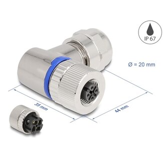 DeLOCK Delock M12 Connector A-coded 4 pin female for mounting with screw connection 90° angled metal