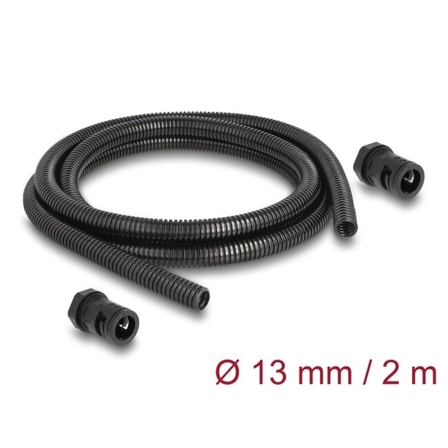Delock Cable protection sleeve 2 m x 13 mm with 2 x PG9 conduit fitting set black