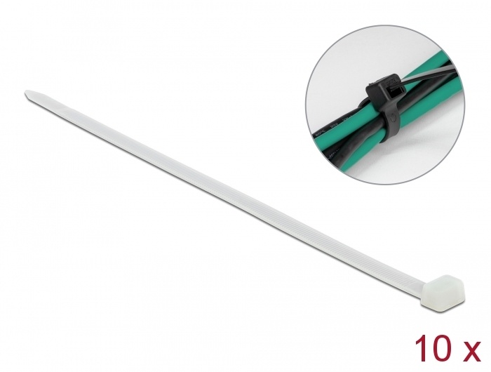 DeLOCK 19645. Soort: Ladder cable tie, Materiaal: Nylon, Kleur van het product: Wit. Lengte: 80 cm, Breedte: 8,8 mm. Aantal per verpakking: 10 stuk(s)