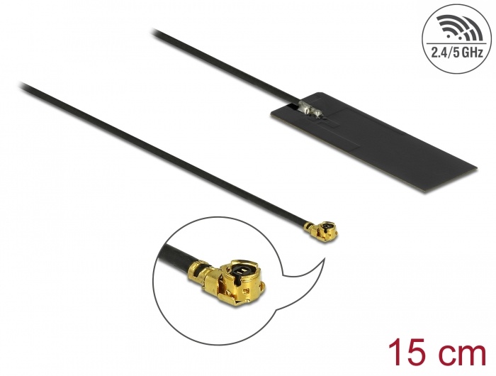 Delock WLAN 802.11 ac/ax/a/h/b/g/n Antenna MHF® I plug 2 - 4 dBi 15 cm PCB internal self adhesive |