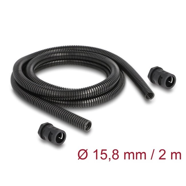 Delock Cable protection sleeve 2 m x 15.8 mm with 2 x PG11 conduit fitting set black