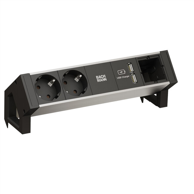 BACHMANN DESK2 ALU ZWART 2x geaard stopcontact, 1x USB oplader en 1x ABD GST18