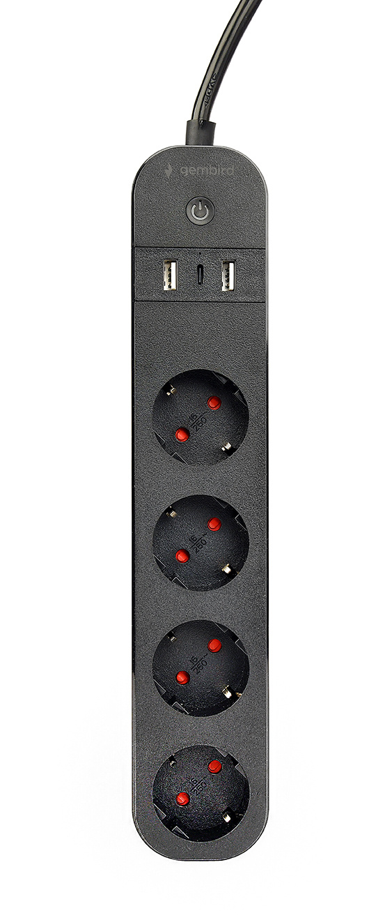 Slimme 4-voudige stekkerdoos met USB laadpoorten, zwart |