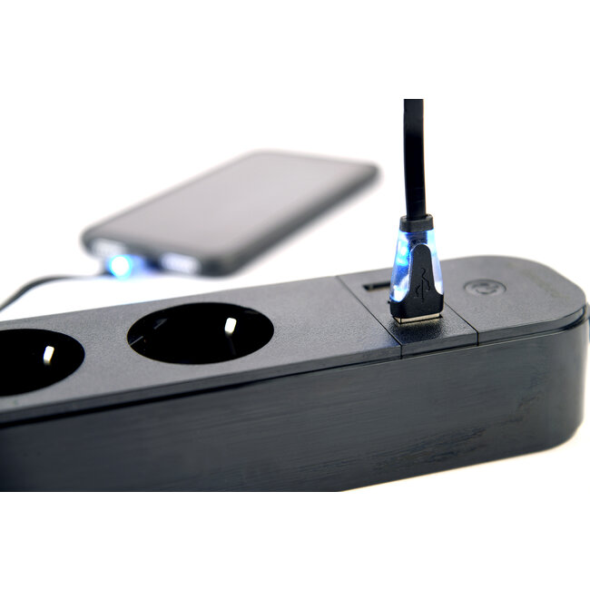 Slimme 4-voudige stekkerdoos met USB laadpoorten, zwart
