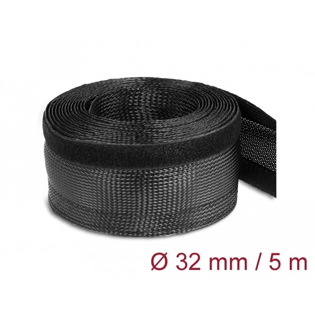 Delock Braided Sleeving with Hook-and-Loop Fastener 5 m x 32 mm black