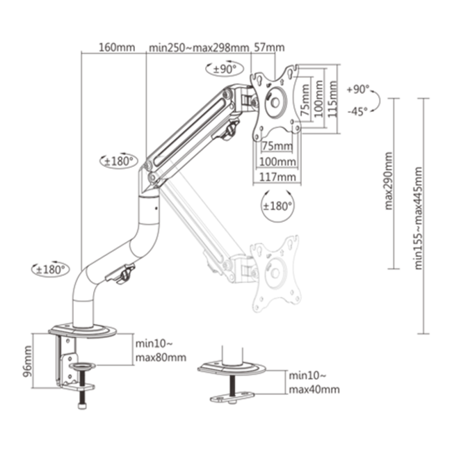 Monitorarm met gasveer (zwenkbaar), 13”-32”, max. 8 kg