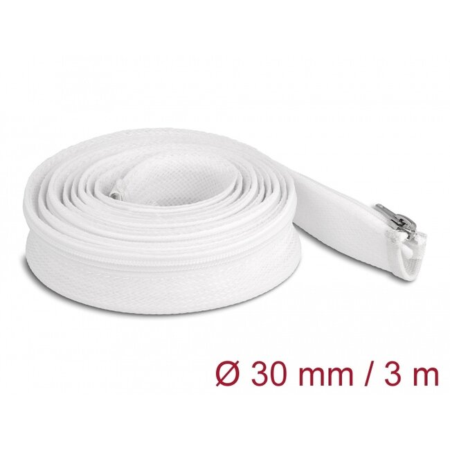 Delock Braided Sleeve with zip fastener heat-resistant 3 m x 30 mm white