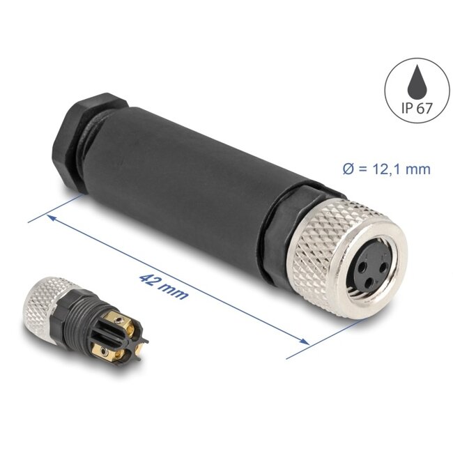 Delock M8 Connector A-coded 3 pin female for mounting with screw connection