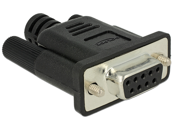 DeLOCK 65843. Aansluiting(en): RS-232 DB9, Kleur van het product: Zwart, Zilver. Breedte: 34 mm, Diepte: 41 mm, Hoogte: 15 mm. Aantal per verpakking: 1 stuk(s). Type verpakking: Po