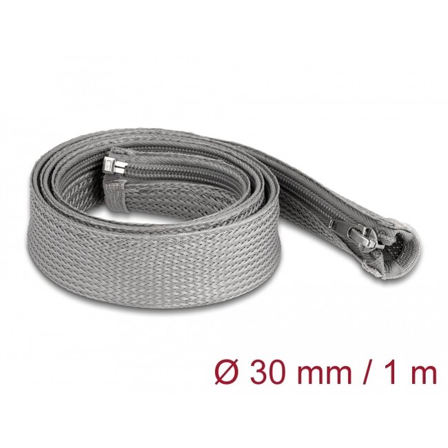 Delock Braided Sleeve with zip fastener heat-resistant 1 m x 30 mm grey