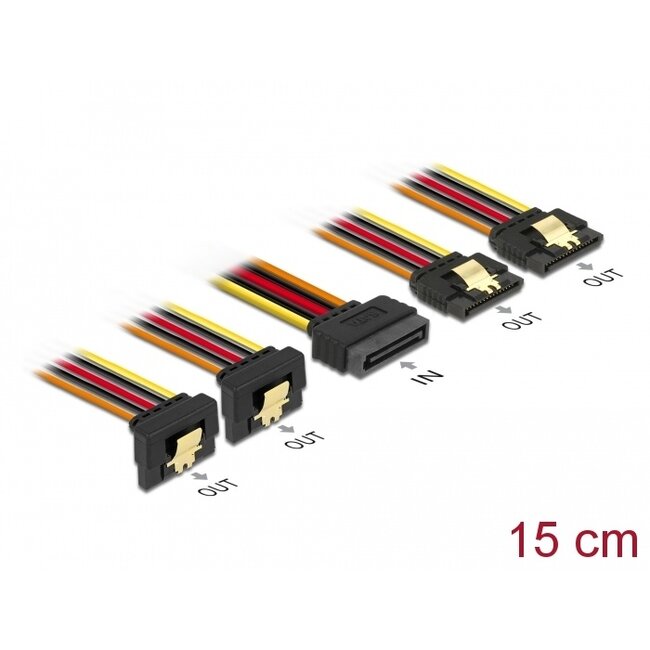 Delock Cable SATA 15 pin power plug with latching function > SATA 15 pin power receptacle 2 x straight / 2 x down 15 cm