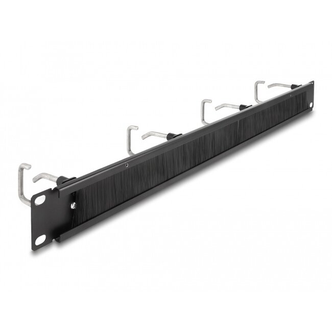 Delock 19″ Cable Management Brush Strip with 4 metal hooks 1U black
