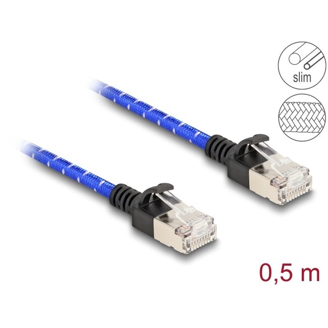 Delock RJ45 Network Cable with braided coating Cat.6A U/FTP Slim 0.5 m blue