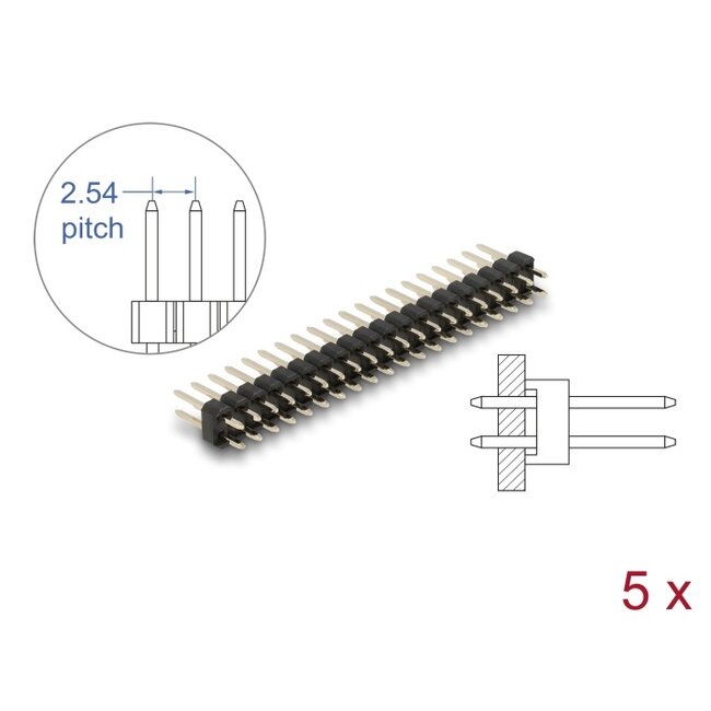Delock Pin header 20 pin, pitch 2.54 mm, 2-row, straight, 5 pieces