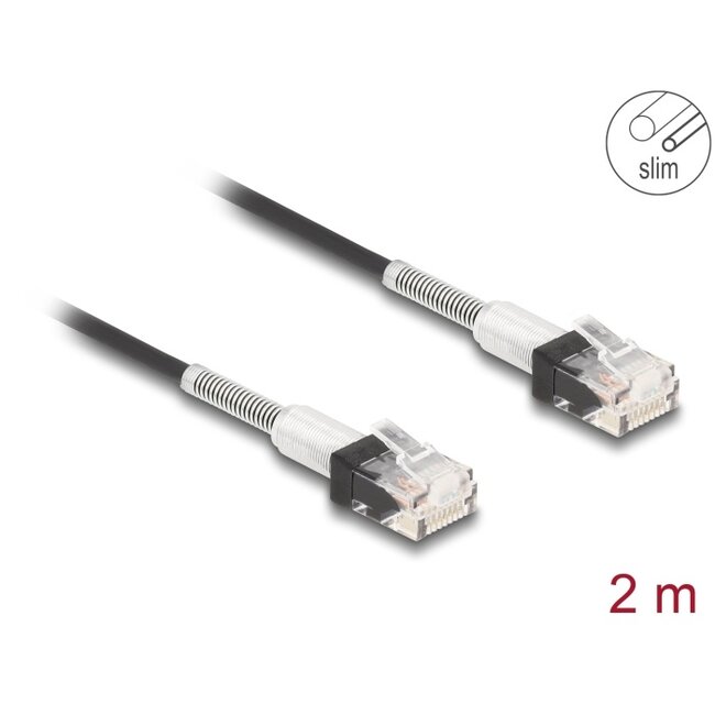 Delock RJ45 Network Cable with double bend protection Cat.6A UTP Slim 2 m black