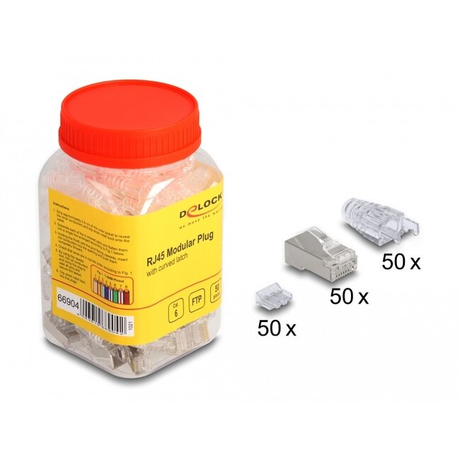 Delock RJ45 Modular Plug with curved latch Cat.6 and bend protection boots 50 pcs set