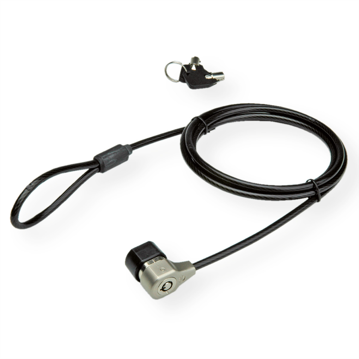 Roline Value Notebook Security Lock. Kleur van het product: Zwart, Slot type: Ronde sleutel, Materiaal: PVC, Staal. Lengte snoer: 1,7 m, Diameter van de kabel: 5 mm