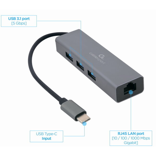 USB-C Gigabit netwerk adapter met ingebouwde USB 3.1 hub