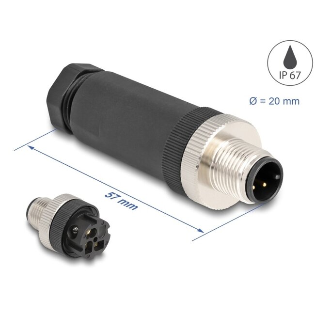 Delock M12 Connector A-coded 3 pin male for mounting with screw connection
