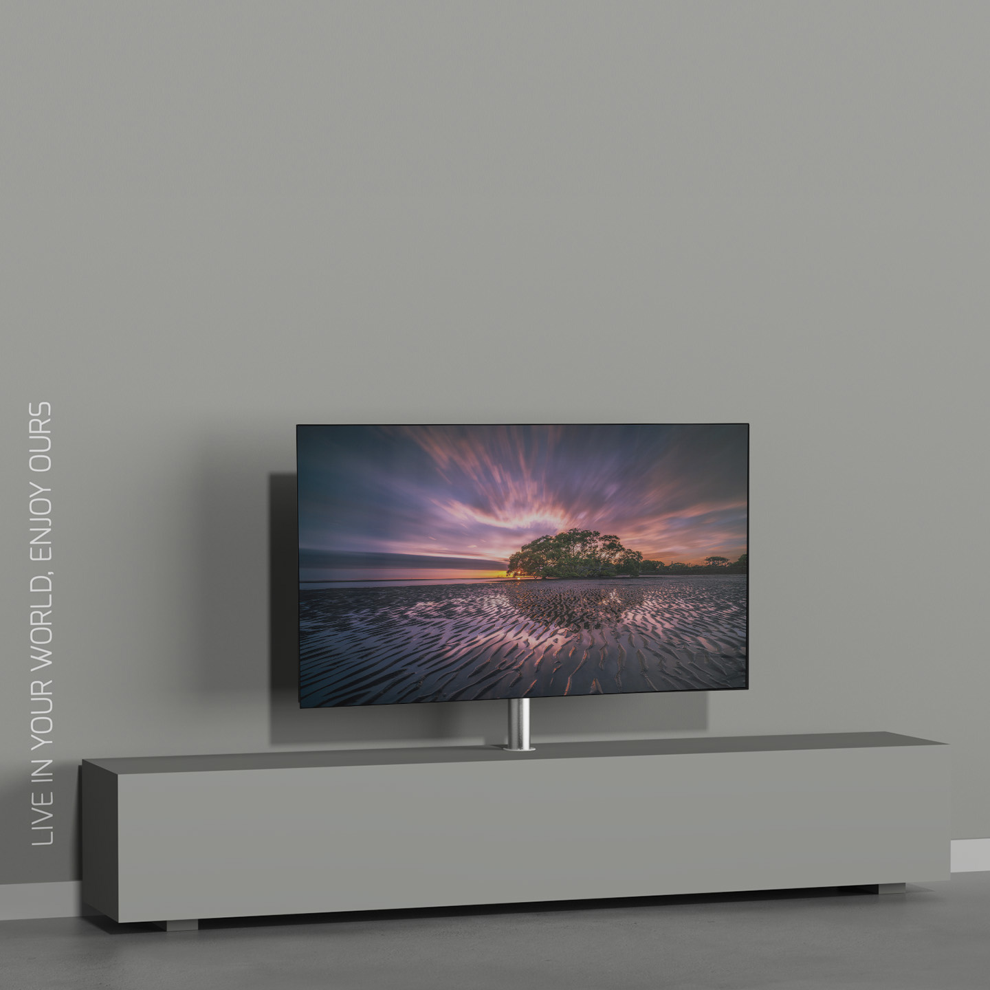 Cavus Mount 150S - Tv Meubel Inbouw Set - Ø 60 mm Kolom Geborsteld RVS & MULTIFEED VESA adapterplaat