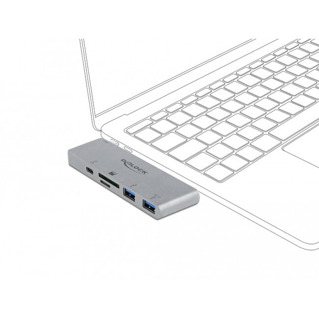 Delock 3 Port Hub and 2 Slot Card Reader for MacBook with PD 3.0 and retractable USB Type-C™ Connection