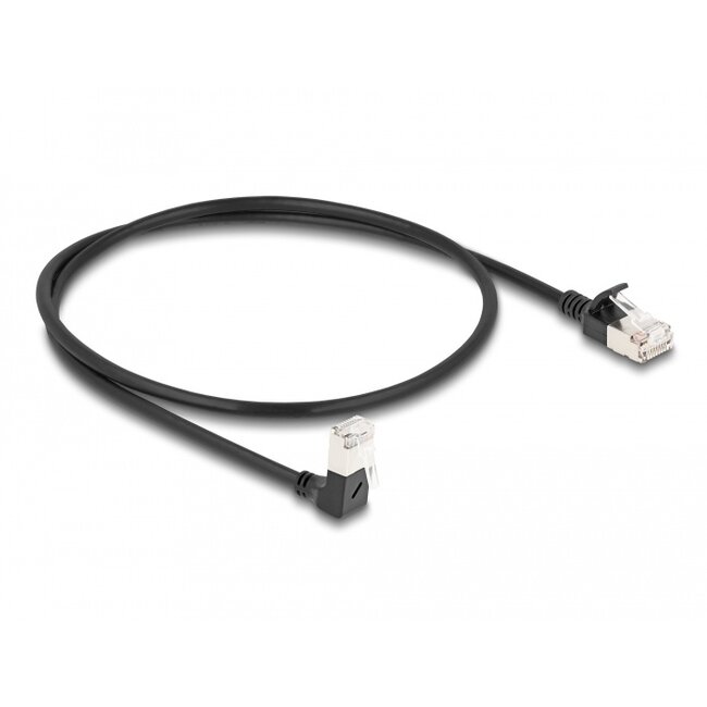 Delock RJ45 Network Cable Cat.6A S/FTP Slim 90° downwards angled / straight 0.5 m black