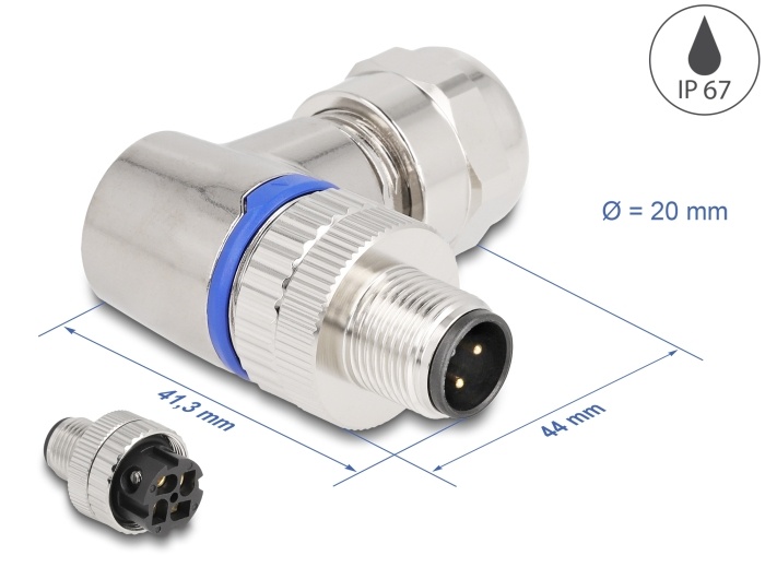 Delock M12 Connector A-coded 4 pin male for mounting with screw connection 90° angled metal |