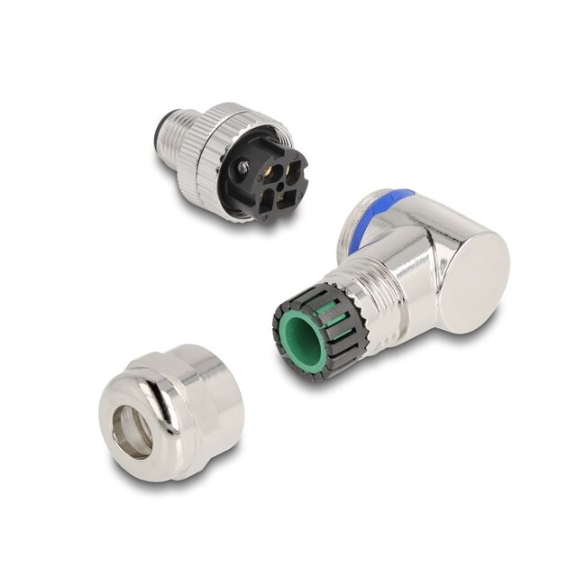 Delock M12 Connector A-coded 4 pin male for mounting with screw connection 90° angled metal